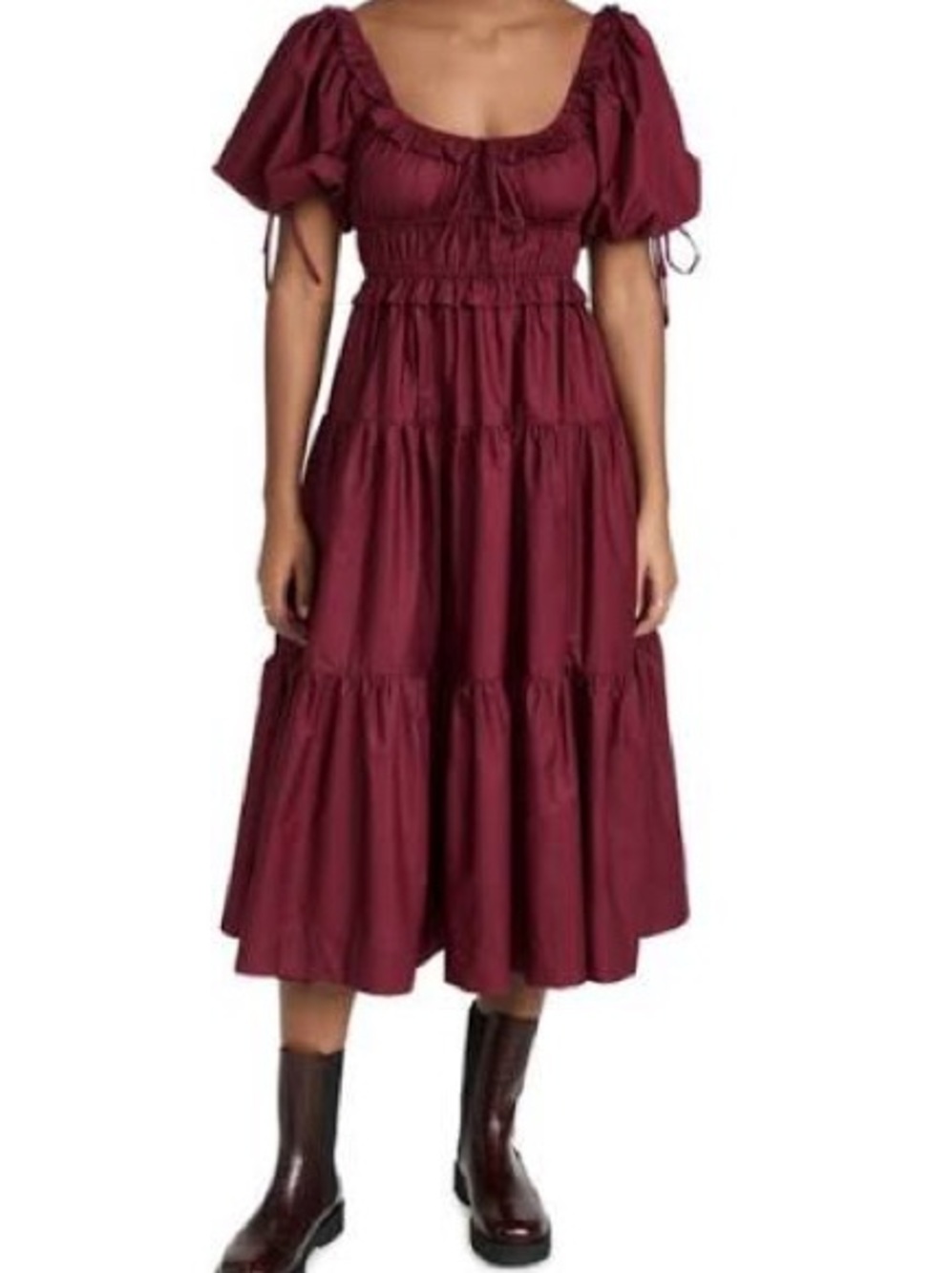 En Saison Burgundy Tiered Midi Dress with Puff Sleeves